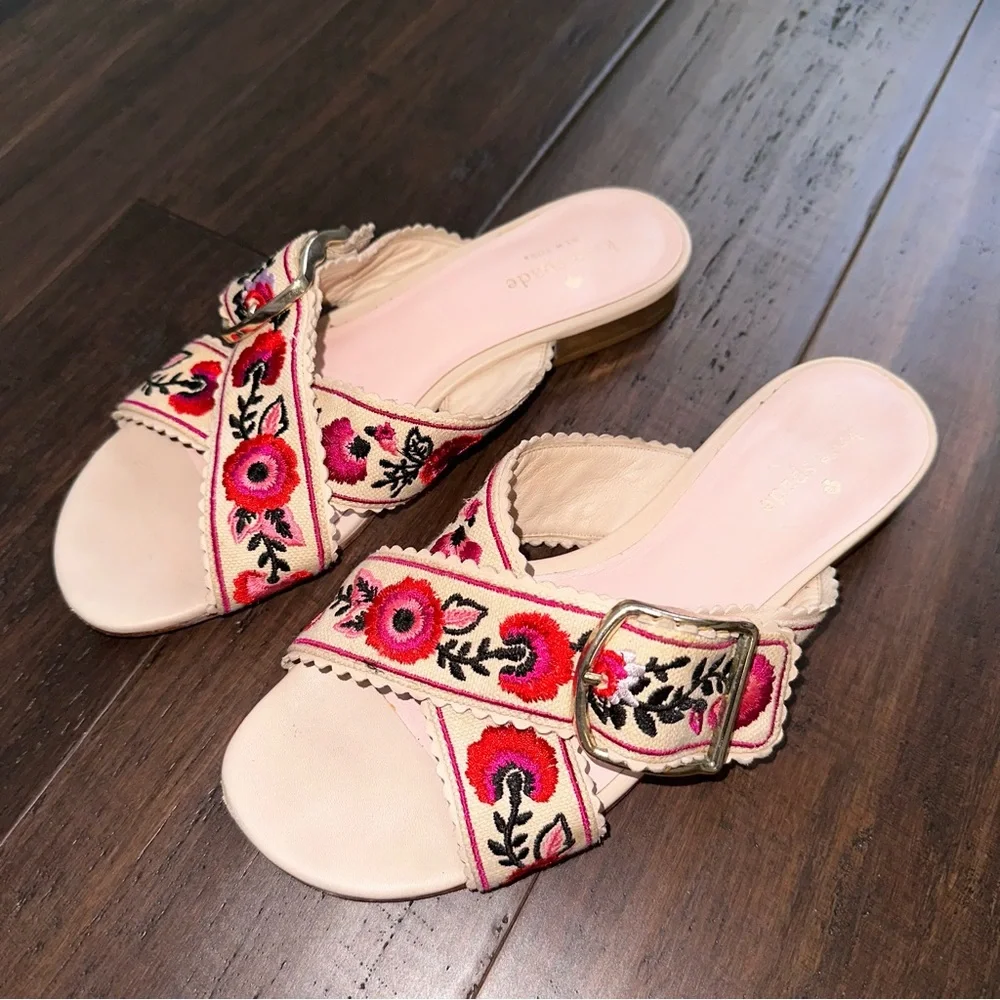Kate Spade Faris Floral Embroidered Slide Sandal Cross Over Strap Buckle Size 7